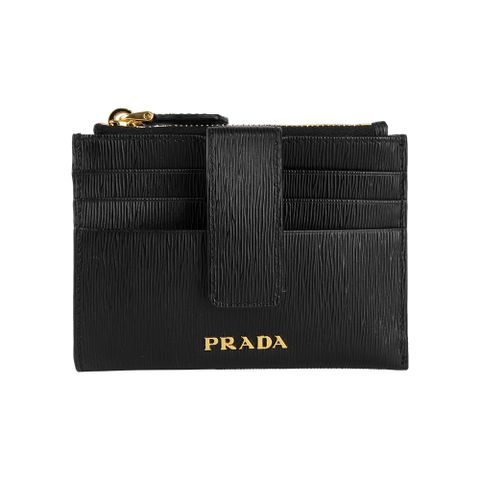 PRADA 金色Logo 水波紋釦式卡夾/拉鍊零錢包(黑色) 1MC026 2B6P F0002