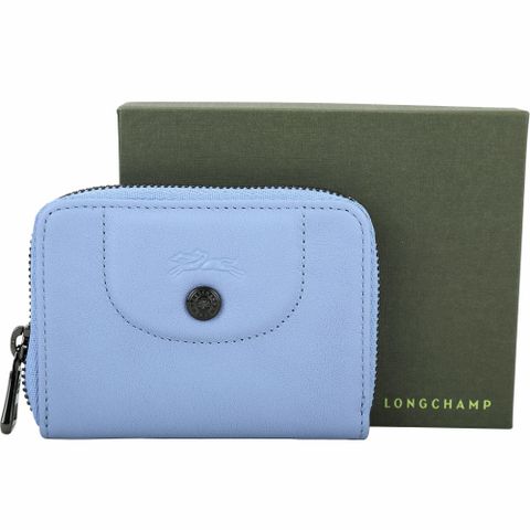 LONGCHAMP Le Pliage Cuir 羊皮拉鍊萬用卡片夾(水藍色)