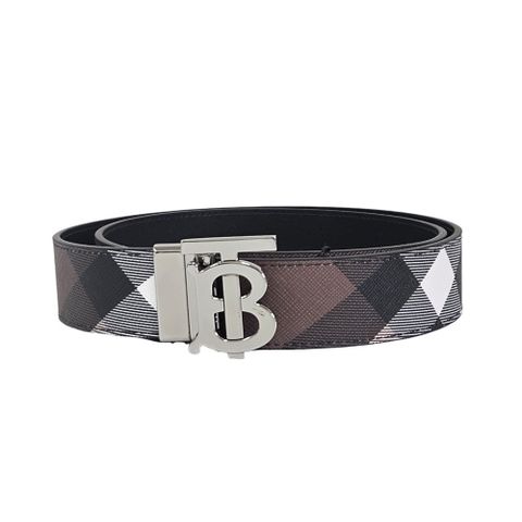 BURBERRY 經典銀色TB LOGO格紋雙面用皮帶(深樺木色/黑色