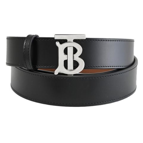 BURBERRY 8071833 經典滑面牛皮銀扣雙面穿扣式皮帶.黑/咖