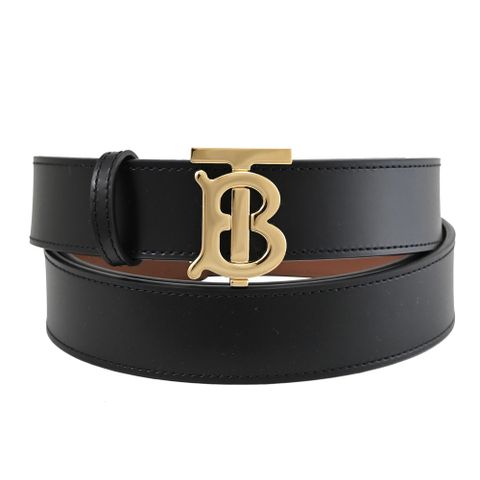 BURBERRY 8052486 經典滑面牛皮金扣雙面穿扣式皮帶.黑/咖
