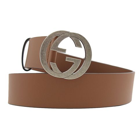GUCCI 546389 雙G LOGO金屬頭小牛皮寬版皮帶.咖