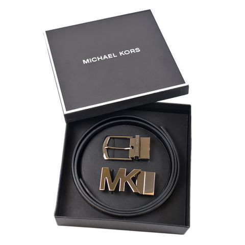 Michael Kors 男款 銀字MK緹花LOGO防刮雙面用皮帶禮盒-咖啡色