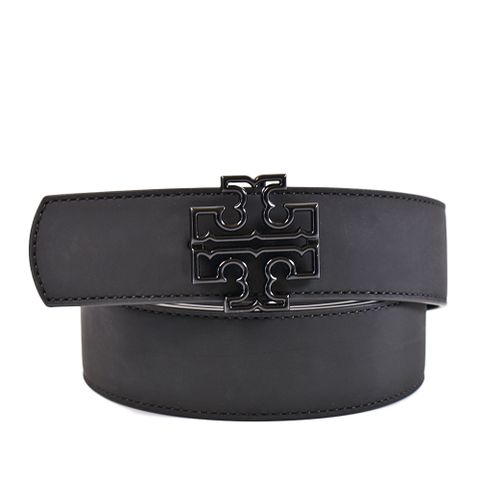 TORY BURCH 黑色鏤空LOGO雙面用寬版皮帶-黑/霧黑
