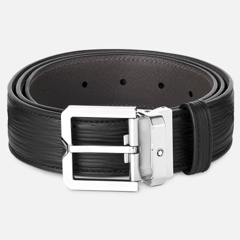 【MontBlanc 萬寶龍】樹皮印花 穿式皮帶3.5cm- 黑色