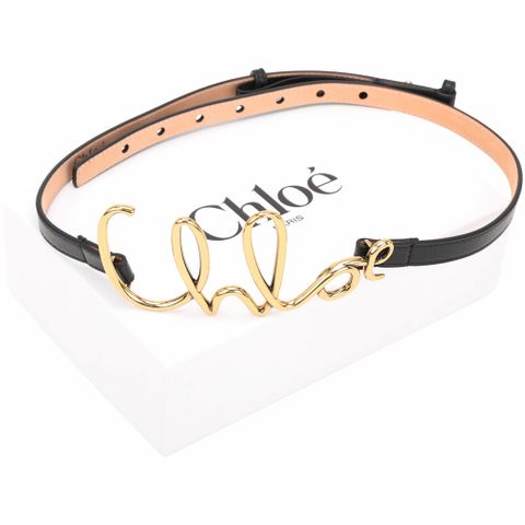 CHLOE 蔻依 Iconic 草寫字金屬扣環小牛皮腰帶(1.8CM/黑色)