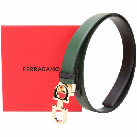 Salvatore Ferragamo GANCINI 25mm 雙面兩用金釦滑面壓紋牛皮腰帶(墨綠x黑色)