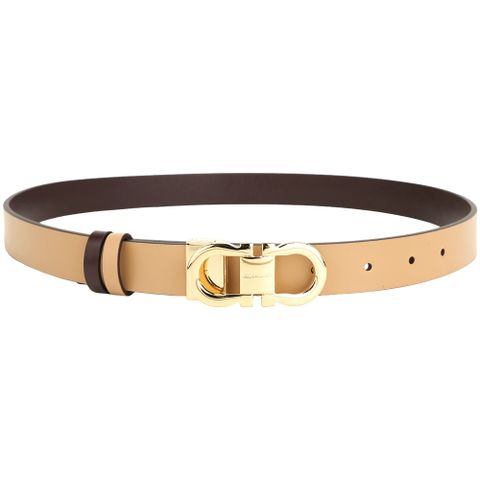 Salvatore Ferragamo GANCINI 雙面兩用金釦滑面牛皮細版腰帶(膚/咖啡色)