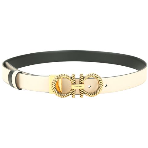 Salvatore Ferragamo GANCINI 25MM 扭紋馬蹄牛皮雙面腰帶(黑x米白)