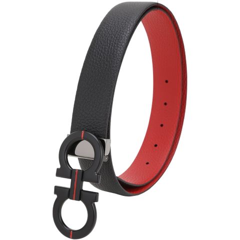Salvatore Ferragamo Gancini 荔紋牛皮霧面金屬馬蹄扣雙面腰帶(黑x紅色)