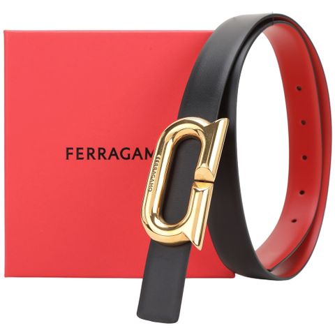 Salvatore Ferragamo Gancini 25mm 馬蹄金扣牛皮雙面腰帶(紅/黑)