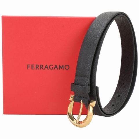 Salvatore Ferragamo Gancini 荔紋牛皮金屬馬蹄扣腰帶(黑色)