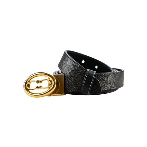 COACH黑檀木C LOGO PVC拼接黑色素面皮革鏤刻金色雙C LOGO釦頭穿扣式女用皮帶