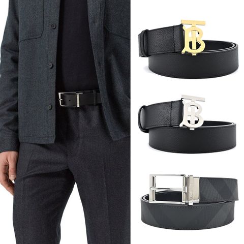 BURBERRY 經典TB LOGO/金屬扣環皮革男士皮帶(任選)