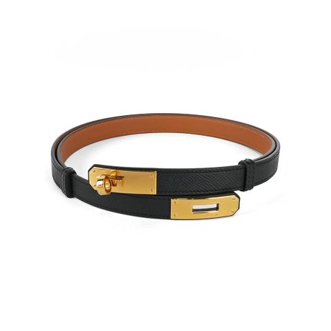 HERMES 金色轉釦Epsom 牛皮可調式 Kelly 18 皮帶(黑色) H069853CC89