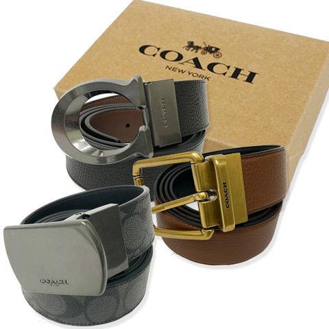 【COACH】經典LOGO男款3.5公分寬版皮帶附原廠禮盒(多色供選)