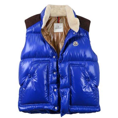 Moncler 品牌燈芯絨造型雙向拉鍊羽絨背心.藍/咖 3/L