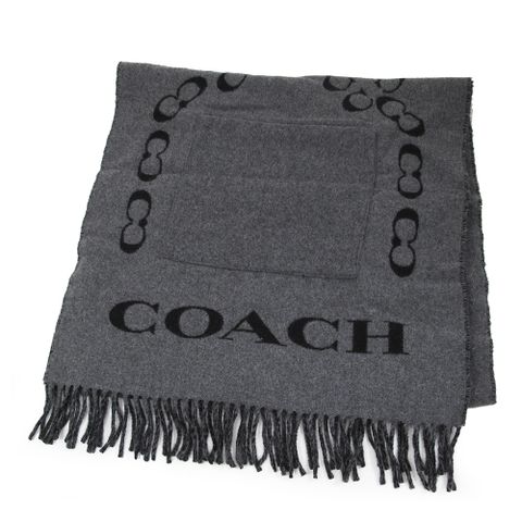 COACH 品牌大LOGO黑灰色雙口袋寬版圍巾(212 x 50cm)