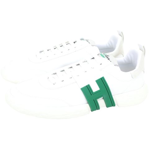 HOGAN 3R 立體綠H拼接牛皮繫帶運動鞋(男鞋/白色)