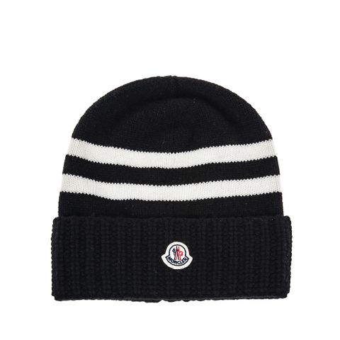 Moncler 經典品牌標誌貼片條紋線條羅紋針織羊毛帽 (黑色)