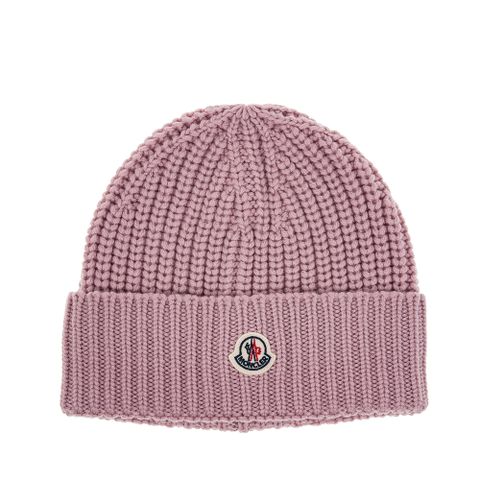 Moncler 經典品牌標誌貼片羅紋針織羊毛帽 (粉紅)