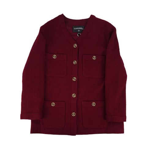 CHANEL 香奈兒 23B 粗羊毛呢無領夾克外套(酒紅色) 38_展示品
