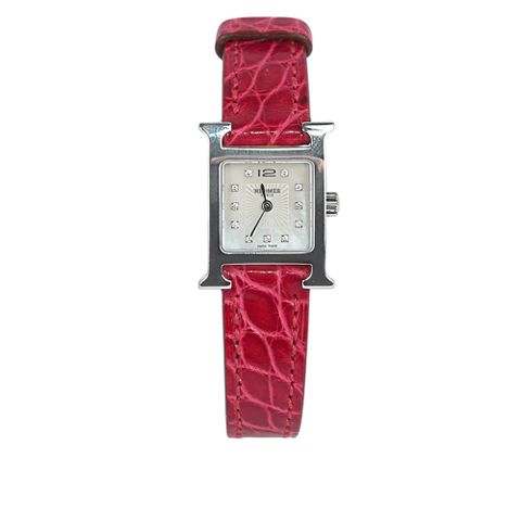 HERMES 愛馬仕 Heure H 鱷魚皮錶帶帶鑽女錶 21mm(紅色)_展示品