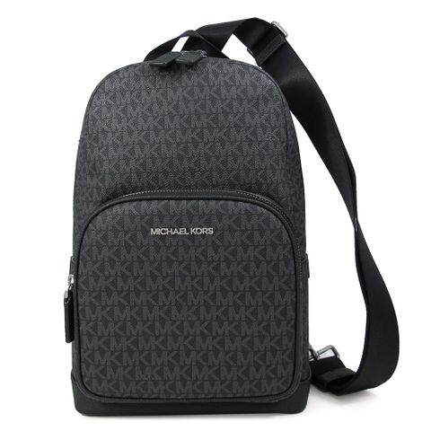 MICHAEL KORS COOPER 黑色防刮滿版前口袋寬帶單肩/胸包