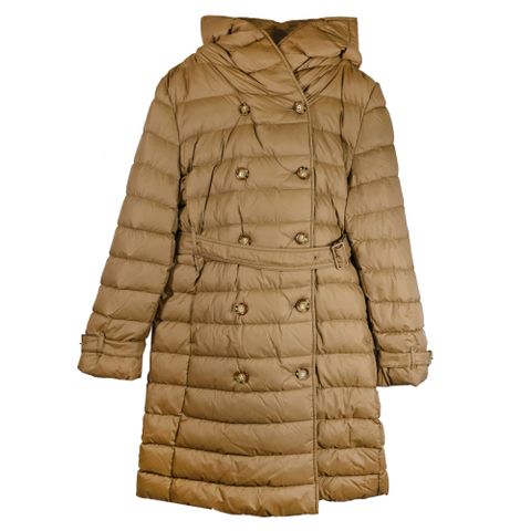 BURBERRY 巴寶莉 WITLEY 繫腰帶連帽款長版羽絨外套.咖