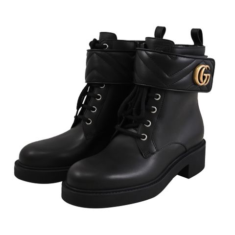 GUCCI 古馳 Marmon GG 經典LOGO側拉鍊短靴.黑 37號