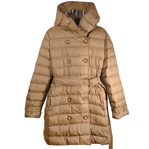 BURBERRY 巴寶莉 WITLEY 繫腰帶連帽款中長版羽絨外套.咖