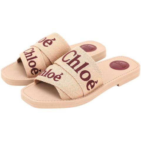 CHLOE 蔻依 Woody 撞色刺繡字母織帶拖鞋/涼鞋(藕粉)