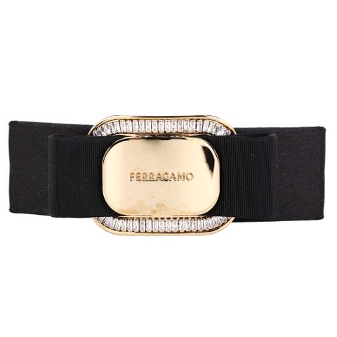 Salvatore Ferragamo VARA 金框鑲鑽蝴蝶結寬版髮夾(黑色)