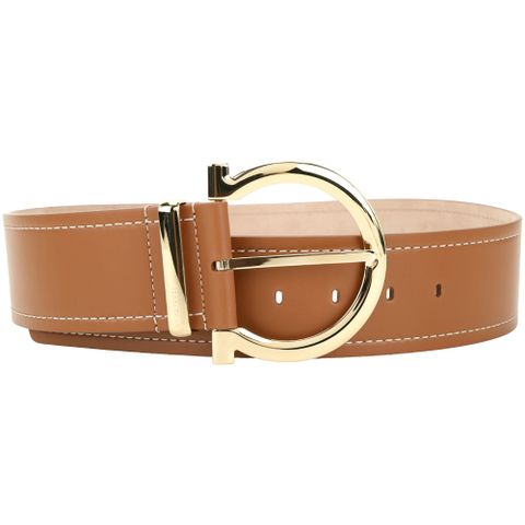 Salvatore Ferragamo Gancini 50mm 拋光金馬蹄扣寬版牛皮腰帶(棕色)
