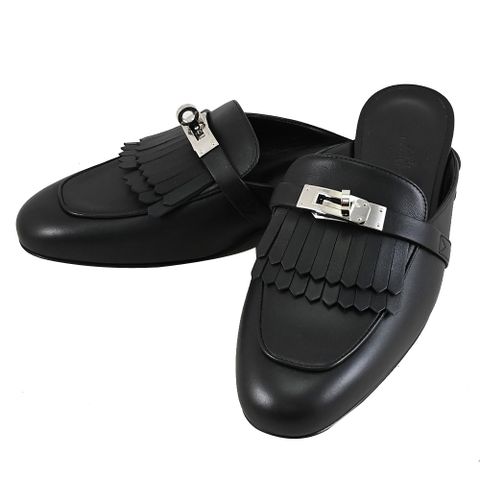HERMES Kelly Oz mule 流蘇造型銀釦平底穆勒拖鞋.黑 38號