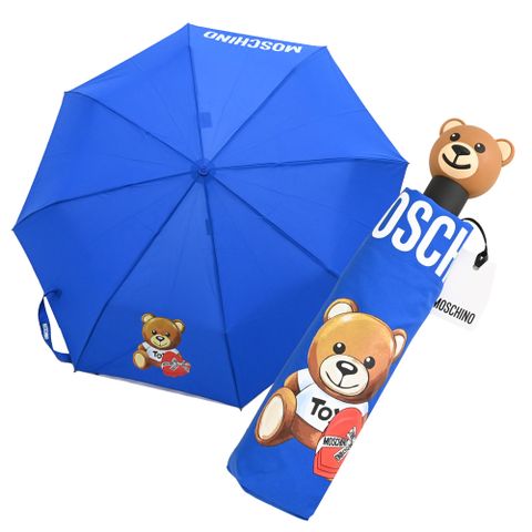 MOSCHINO 8080 愛心小熊圖案自動摺疊晴雨傘.藍