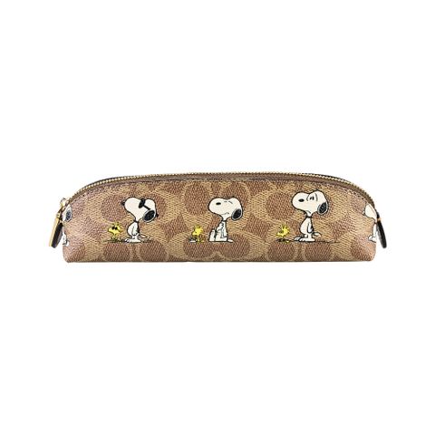 COACH X PEANUTS史努比圖印卡其C長型筆袋/收納包/刷具包
