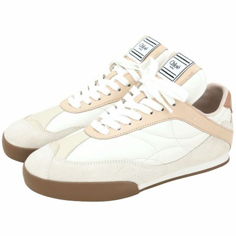 CHLOE 蔻依 Kick 裸白色車縫紋面小牛皮繫帶運動鞋