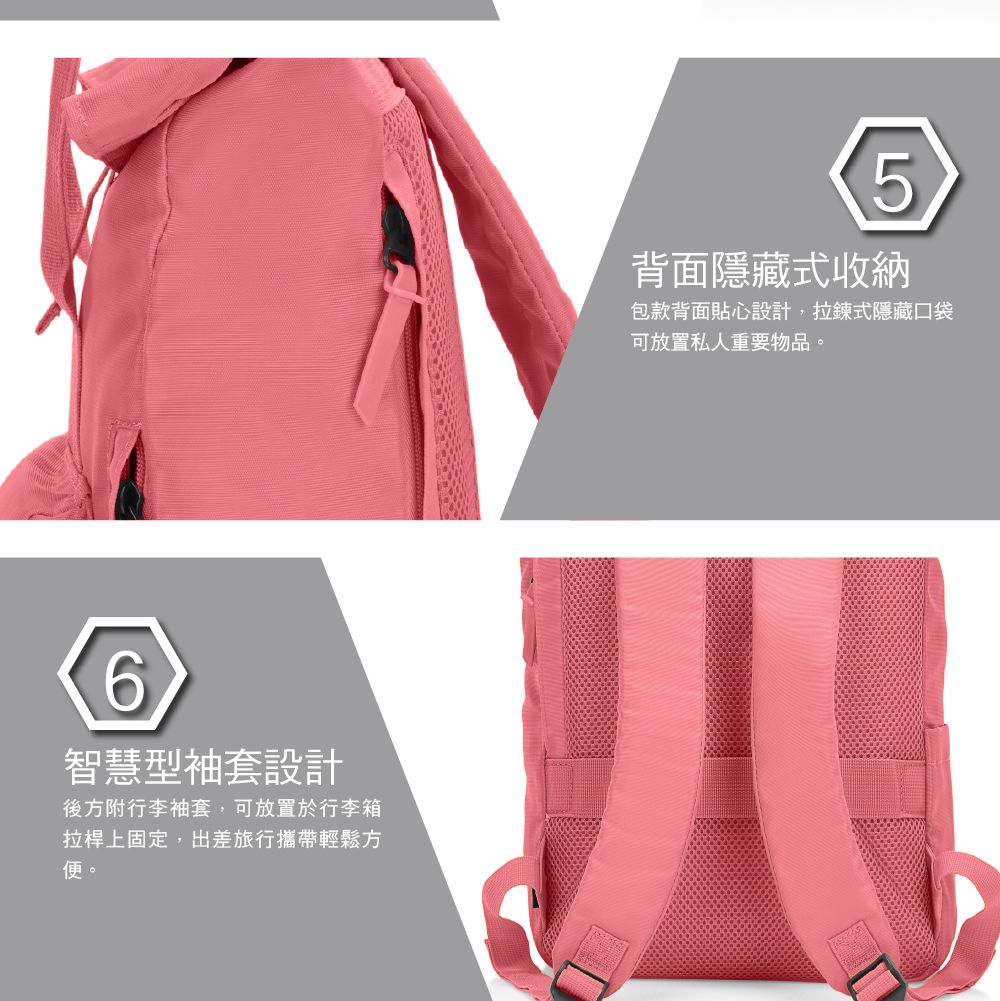 6智慧型袖套設計後方附行李袖套,可放置於行李箱拉桿上固定,出差旅行攜帶輕鬆方便。5背面隱藏式收納包款背面貼心設計,拉鍊式隱藏口袋可放置私人重要物品。
