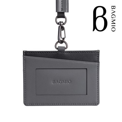 BAGMIO 牛皮三卡證件套 - 灰+黑 (附織帶)