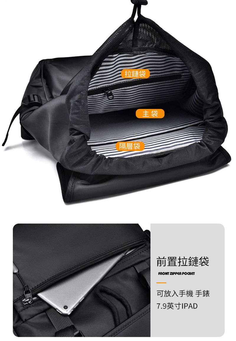 拉鏈袋隔層袋主袋前置拉鏈袋FRONT ZIPPER POCKET可放入手機 手錶7.9英寸IPAD