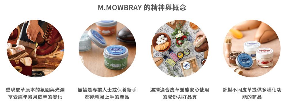 重現皮革原本的氛圍與光澤享受經年累月皮革的變化M.MOWBRAY 的精神與概念無論是專業人士或保養新手 選擇適合皮革並能安心使用都能輕易上手的產品的成份與好品質針對不同皮革提供多樣化功能的商品