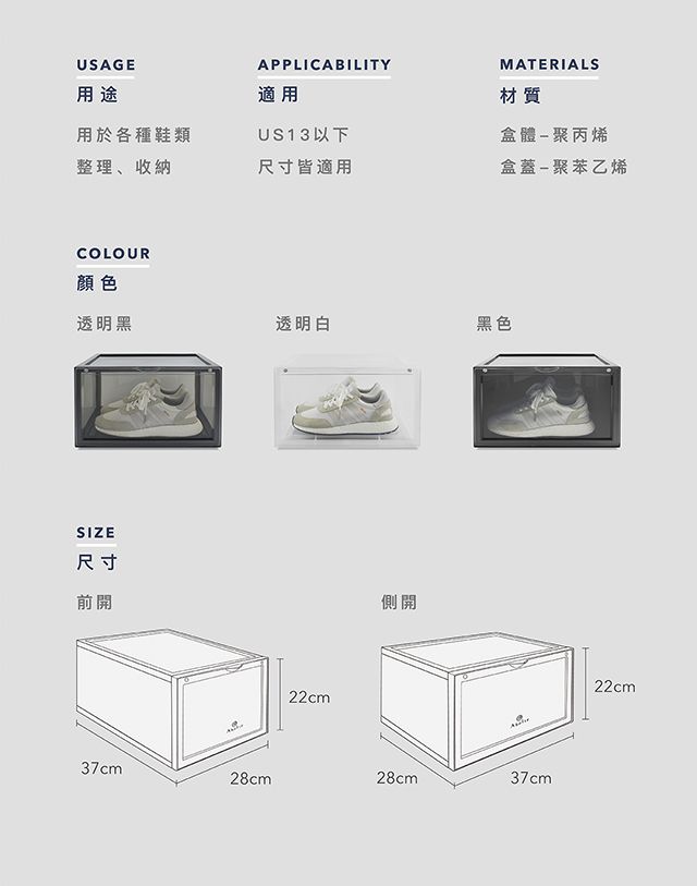 USAGE用途APPLICABILITYMATERIALS適用材質用於各種鞋類US13以下盒體-聚丙烯整理、收納尺寸皆適用盒蓋-聚苯乙烯COLOUR顏色透明黑透明白黑色SIZE尺寸前開22cm側開37cm28cm28cm37cm22cm