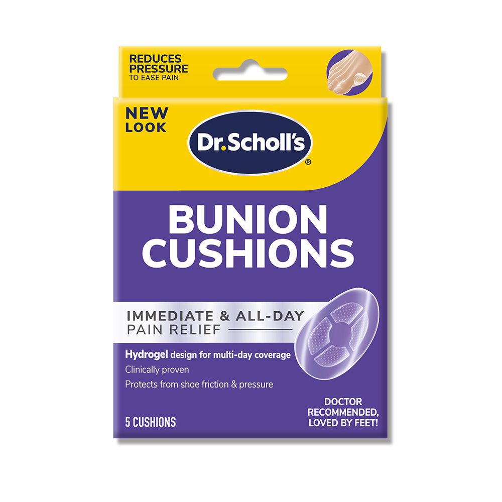 REDUCESPRESSURETO EASE PAINNEWLOOKDr.SchollsBUNIONCUSHIONSIMMEDIATE & ALL-DAYPAIN RELIEFHydrogel design for multi-day coverageClinically provenProtects from shoe friction & pressure5 CUSHIONSDOCTORRECOMMENDED,LOVED BY FEET!