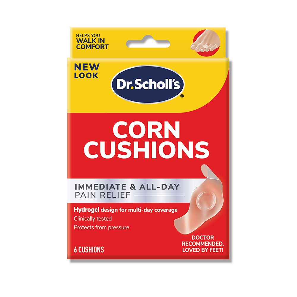 HELPS YOUWALK INCOMFORTNEWLOOKDr.SchollsCORNCUSHIONSIMMEDIATE & ALL-DAYPAIN RELIEFHydrogel design for multi-day coverageClinically testedProtects from pressure6 CUSHIONSDOCTORRECOMMENDED,LOVED BY FEET!