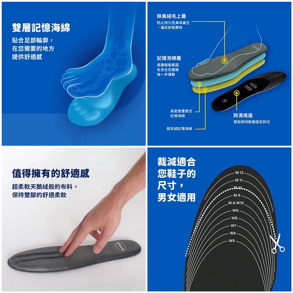 雙層記憶海綿貼合足部輪廓,在您需要的地方提供舒適感除臭絨毛上層防止持久性臭味產生,讓足部無異味記憶泡棉層兩層緩衝範圍包含全足緩解每一步運動高密度響應式記憶海綿超毛絨記憶海綿裁減適合防滑底座幫助保持鞋墊固定到位值得擁有的舒適感您鞋子的M 12.超柔軟天鵝絨般的布料,尺寸,保持雙腳的舒適柔軟 男女適用M 8-W10W8W7W5.