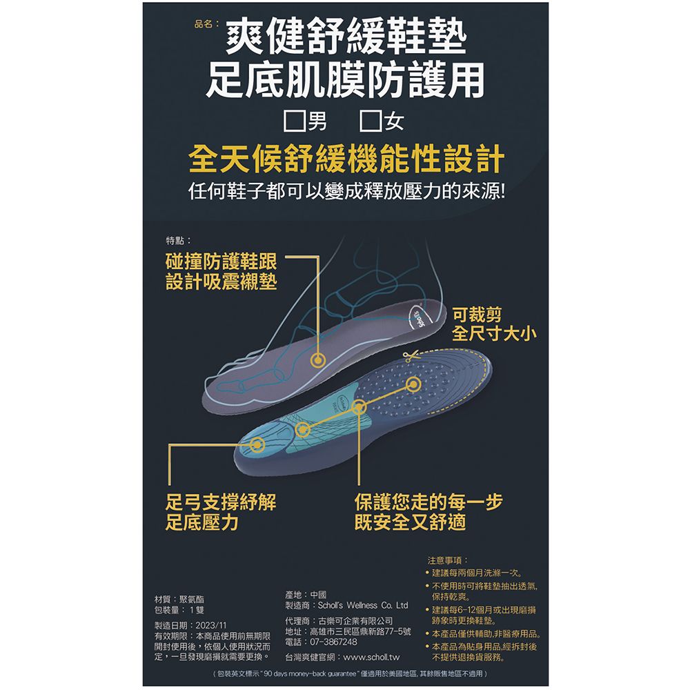品名:爽健舒緩足底肌膜防護用男 全天候舒緩機能性設計任何鞋子都可以變成釋放壓力的來源!特點:碰撞防護鞋跟設計吸震襯墊可裁剪全尺寸大小足弓支撐解足底壓力保護您走的每一步既安全又舒適材質:聚氨酯包裝量:1雙製造日期:2023/11有效期限:本商品使用前無期限開封使用後依個人使用狀況而定,一旦發現就需要更換產地:中國製造商: Wellness Co. Ltd代理商:古樂可企業有限公司地址:高雄市三民區鼎新路77-5號電話:07-3867248台灣爽健官網:www.scholl.tw注意事項:建議每兩個月洗滌一次。 不使用時可將鞋墊抽出透氣,保持乾爽。建議每6-12個月或出現磨損跡象時更換鞋。本產品僅供輔助,非醫療用品。本產品為貼身用品經拆封後不提供退換貨服務。(包裝英文標示90 days money-back guarantee僅適用於美國地區,其餘販售地區不適用)