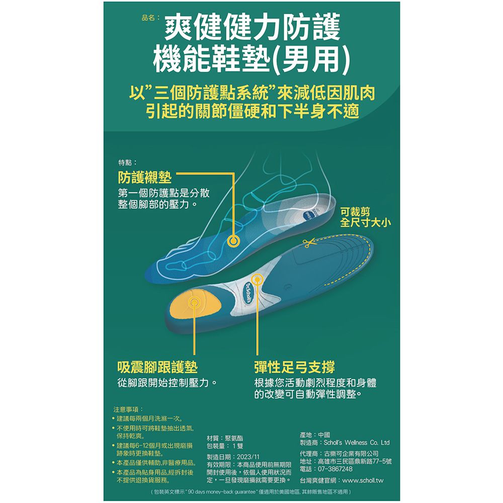 品名:爽健健力防護機能(男用)以三個防護點系統”來減低因肌肉引起的關節僵硬和下半身適特點:防護襯墊第一個防護點是分散個腳部的壓力可裁剪全尺寸大小吸震腳跟護墊彈性足弓支撐從腳跟開始控制壓力。根據您活動劇烈程度和身體的改變可自動彈性調整。注意事項:建議每兩個月洗滌一次。不使用時可將鞋墊抽出透氣保持乾爽。建議每6-12個月或出現跡象時更換整。本產品僅供輔助,非醫療用品。本產品為貼身用品,經拆封後不提供退換貨服務。材質:聚氨酯包裝量:1雙製造日期:2023/11有效期限:本商品使用前無期限開封使用後,依個人使用狀況而定,一旦發現磨損就需要更換。產地:中國製造商: Welness Co. Ltd代理商:古樂可企業有限公司地址:高雄市三民區鼎新路77-5號電話:07-3867248台灣爽健官網:www.scholl.tw(包裝英文標示90 days money-back guarantee 僅適用於美國地區,其餘販售地區不適用)