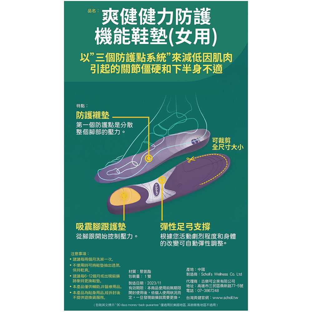 品名:爽健健力防護機能(女用)以三個防護點系統”來減低因肌肉引起的關節僵硬和下半身不適特點:防護襯墊第一個防護點是分散整個腳部的壓力。可裁剪全尺寸大小吸震腳跟護墊彈性足弓支撐從腳跟開始控制壓力。根據您活動劇烈程度和身體的改變可自動彈性調整。注意事項:建議每兩個月洗滌一次。不使用時可將鞋墊抽出透氣,保持乾爽。建議每6-12個月或出現跡象時更換鞋墊。本產品僅供輔助,非醫療用品。本產品為貼身用品,經拆封後不提供退換貨服務。材質:聚氨酯量:1雙製造日期:2023/11有效期限:本商品使用前無期限開封使用後,依個人使用狀況而定,一旦發現磨損就需要更換。產地:中國製造商: Wellness Co. Ltd代理商:古樂可企業有限公司地址:高雄市三民區鼎新路77-5號電話:07-3867248台灣爽健官網:www.scholl.tw(包裝英文標示90 days money-back guarantee”僅適用於地區,其餘販售地區不適用)