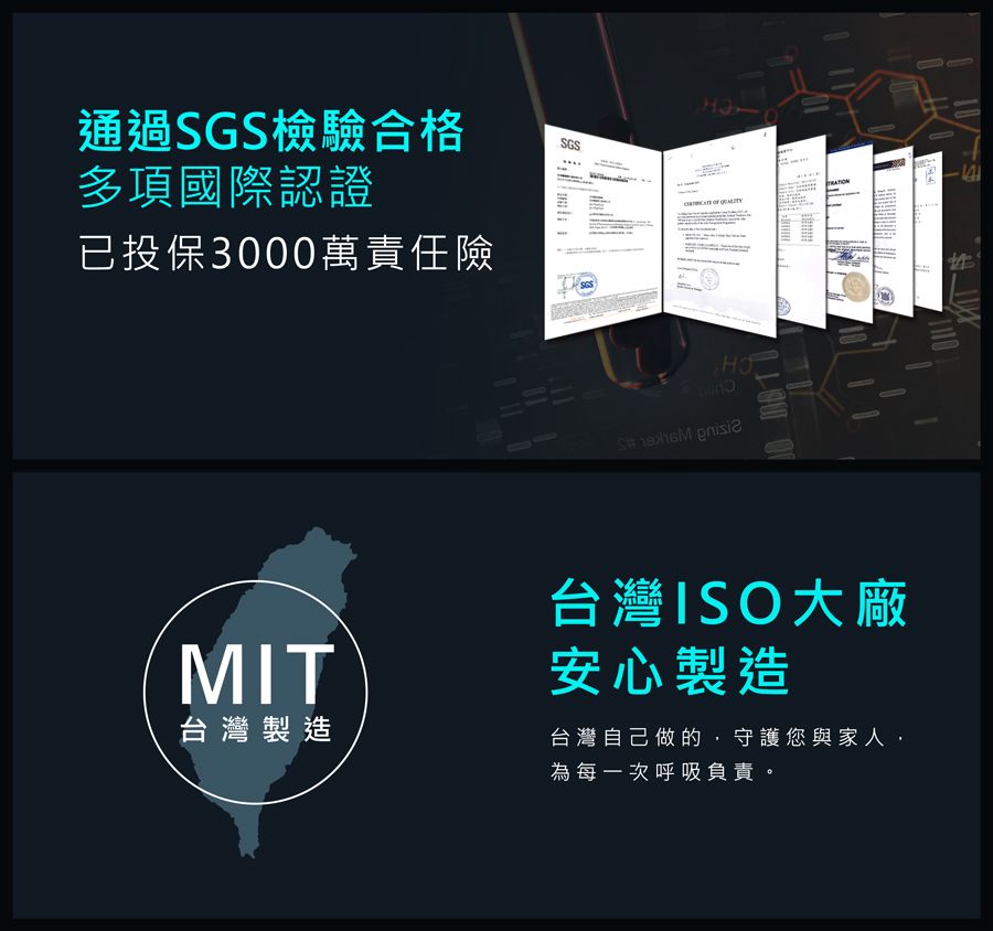 通過GS檢驗合格SGS多項國際認證已投保3000萬責任險S  台灣ISO大廠MIT安心製造台灣製造台灣自己做的,守護您與家人,為每一次呼吸負責。